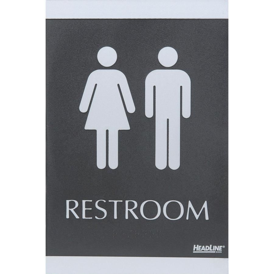 Headline Signs ADA RESTROOM Sign - 1 Each - Restroom Print/Message - 6" Width - Rectangular Shape - Silver Print/Message Color - Adhesive Backing, Durable, Pictogram, Self-adhesive, Braille - Plastic