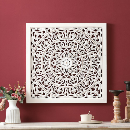 White Wood Square Floral-Patterned Wall Decor