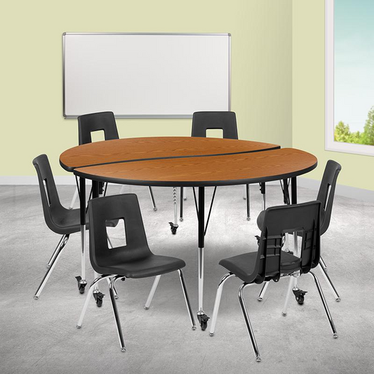 Mobile 60" Circle Wave Collaborative Laminate Activity Table Set with 18" Student Stack Chairs, Oak/Black