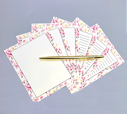 42-Pc Stationery Gift Box Set w/Reusable Desktop Organizer Box and Gold Pen - Pink & Yellow Posies