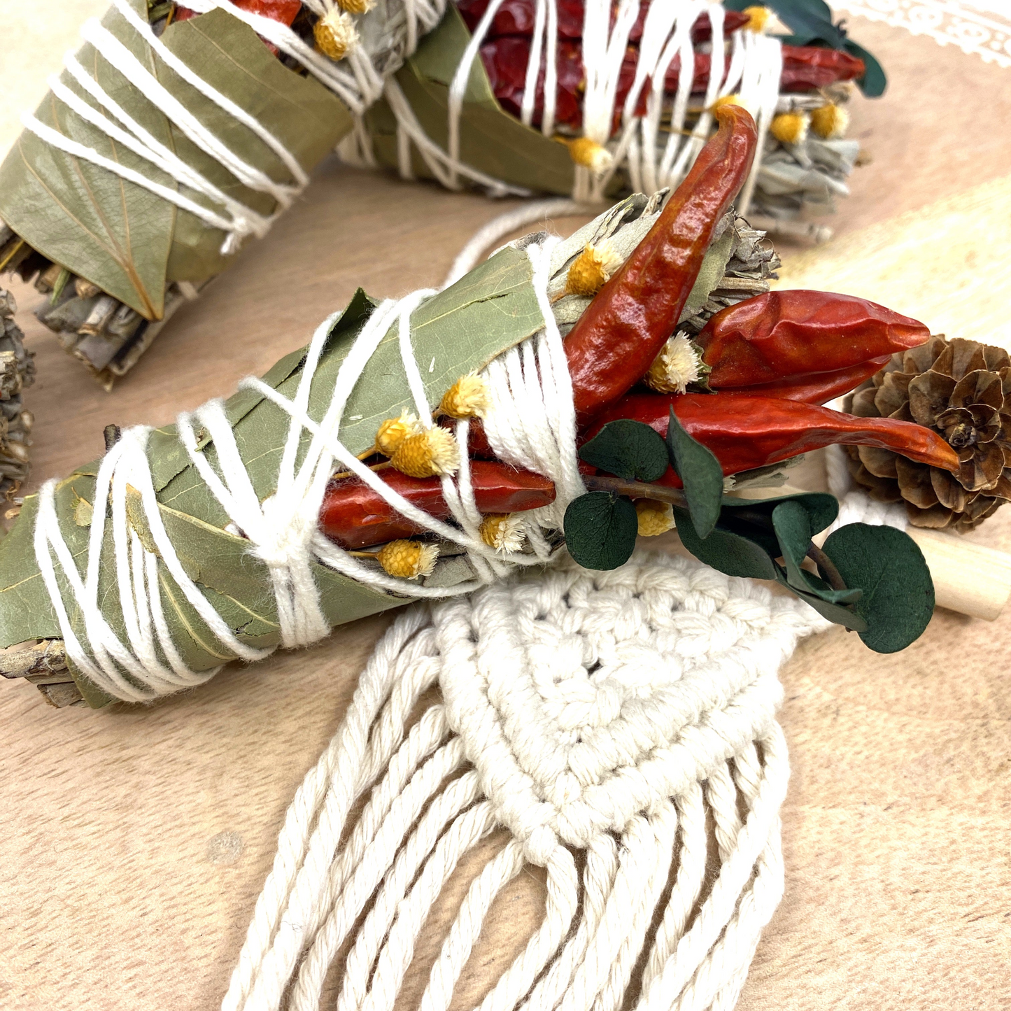 White Sage & Copal Smudge Stick with Red Chili Peppers, Bay Leaves,  4 "