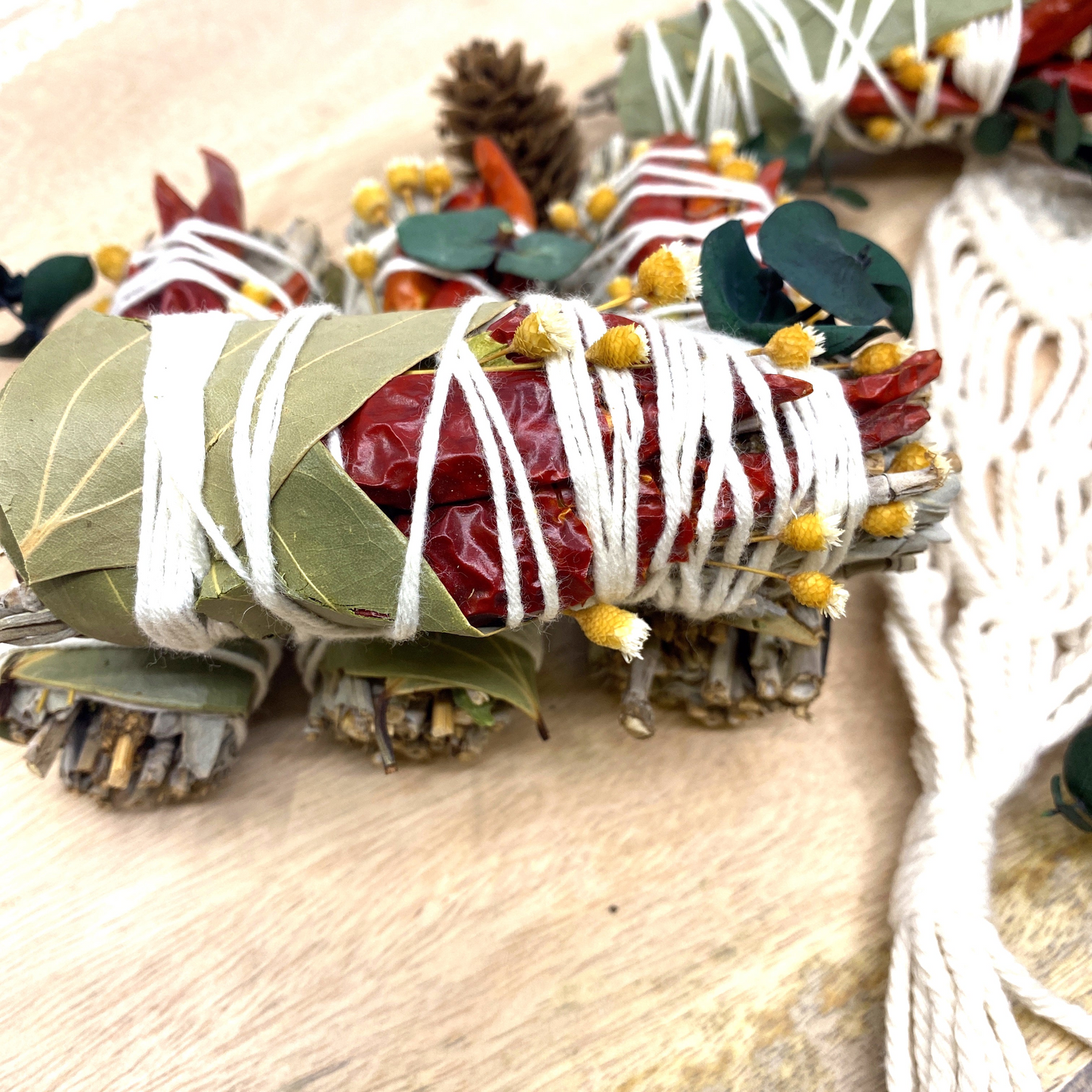 White Sage & Copal Smudge Stick with Red Chili Peppers, Bay Leaves,  4 "