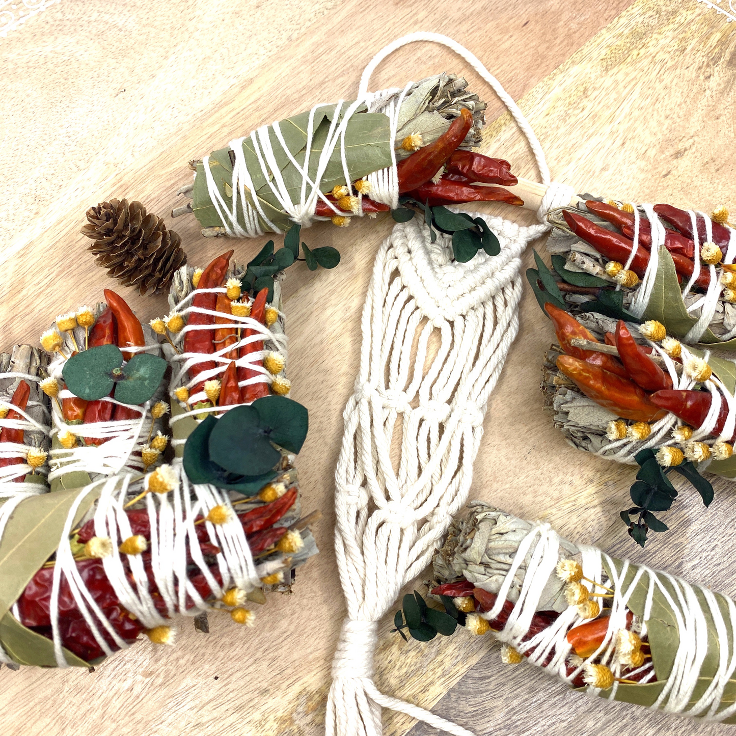 White Sage & Copal Smudge Stick with Red Chili Peppers, Bay Leaves,  4 "