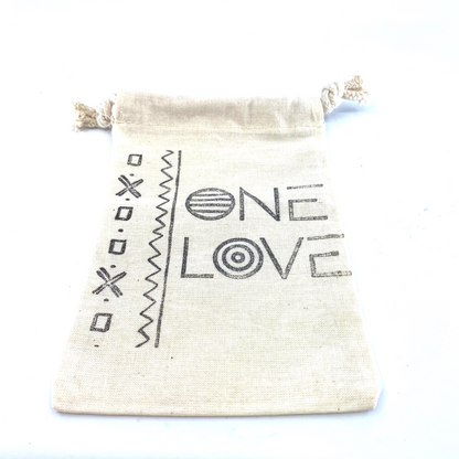 Hand Stamped, One Love, Cotton Drawstring Pouches 4" x 6"