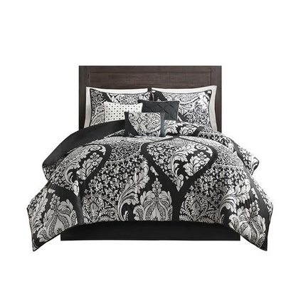 7 Piece Cotton Printed Comforter Set, Black, 90x90x1.5