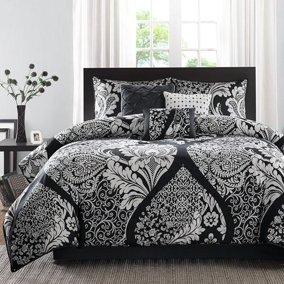 7 Piece Cotton Printed Comforter Set, Black, 90x90x1.5