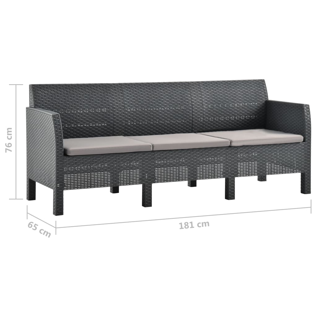 vidaXL 3-Seater Patio Sofa with Cushions Anthracite PP Rattan