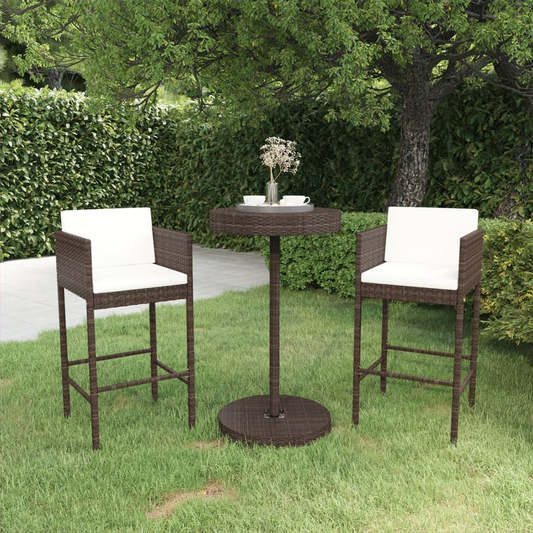 vidaXL 3 Piece Patio Bar Set with Cushions Poly Rattan Brown
