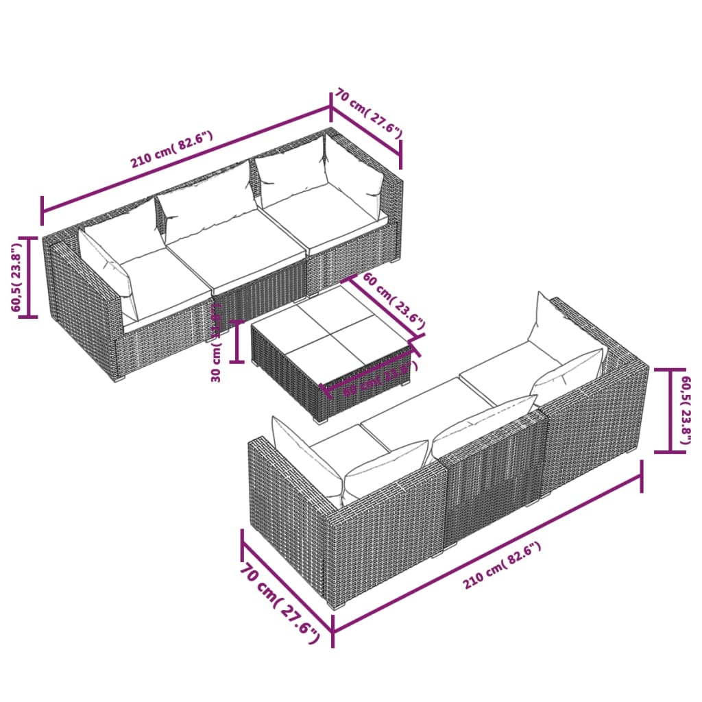 vidaXL 7 Piece Patio Lounge Set with Cushions Poly Rattan Brown