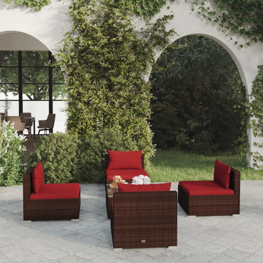vidaXL 5 Piece Patio Lounge Set with Cushions Poly Rattan Brown