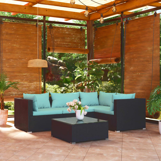vidaXL 5 Piece Patio Lounge Set with Cushions Poly Rattan Black