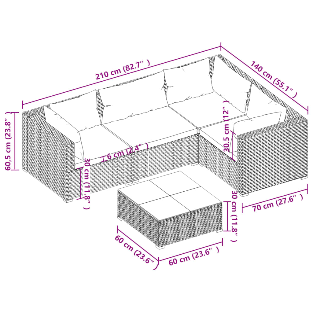 vidaXL 5 Piece Patio Lounge Set with Cushions Poly Rattan Black