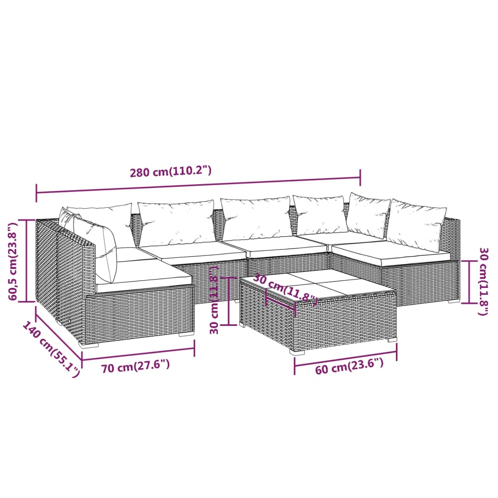 vidaXL 7 Piece Patio Lounge Set with Cushions Poly Rattan Black