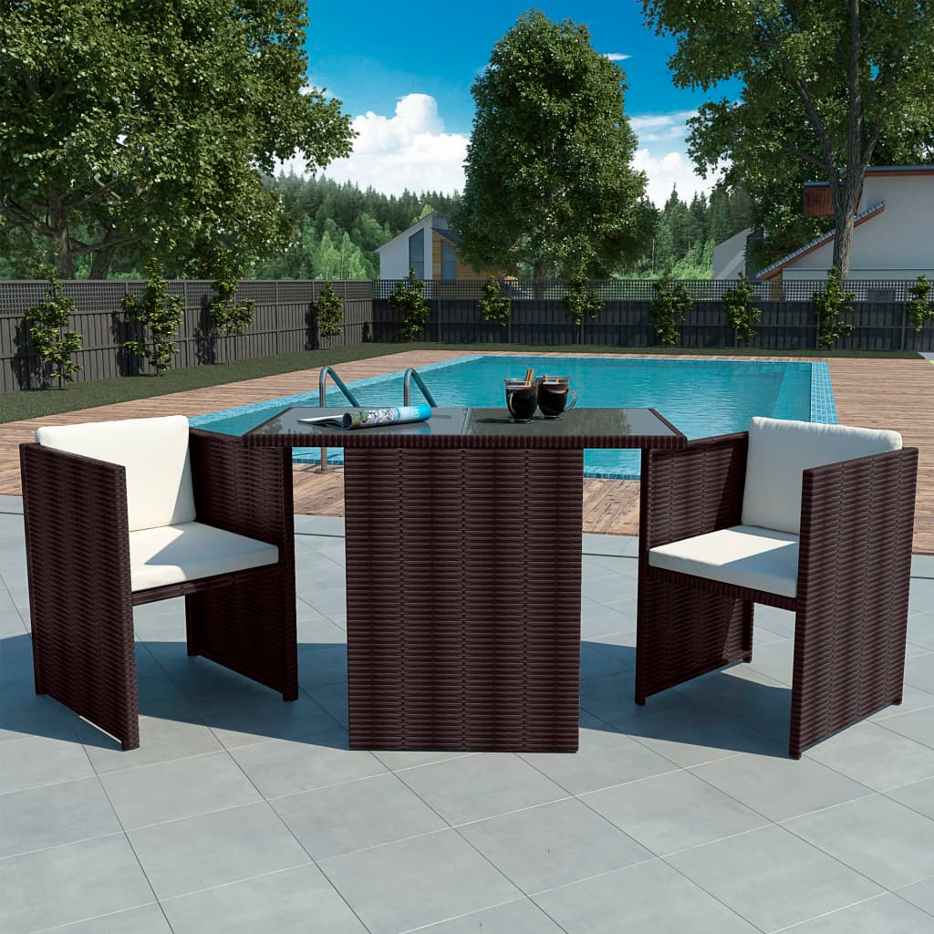 vidaXL 3 Piece Bistro Set with Cushions Poly Rattan Brown