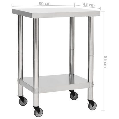 vidaXL Kitchen Work Table with Wheels 31.5"x17.7"x33.5" Stainless Steel