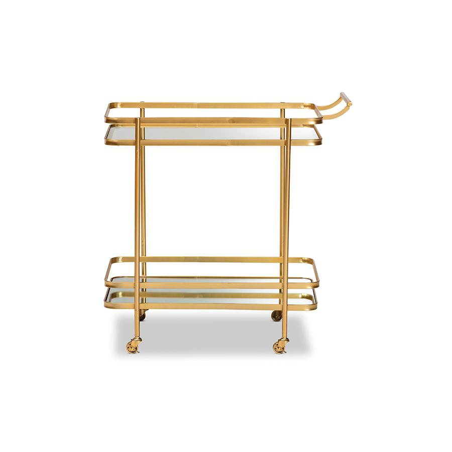 Destin Modern and Contemporary Glam Brushed Gold Finished Metal and Mirrored Glass 2-Tier Mobile Wine Bar Cart