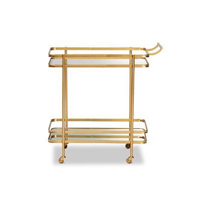 Destin Modern and Contemporary Glam Brushed Gold Finished Metal and Mirrored Glass 2-Tier Mobile Wine Bar Cart