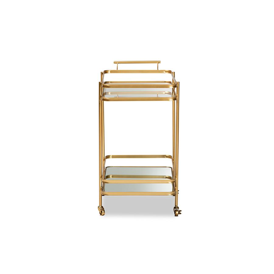 Destin Modern and Contemporary Glam Brushed Gold Finished Metal and Mirrored Glass 2-Tier Mobile Wine Bar Cart