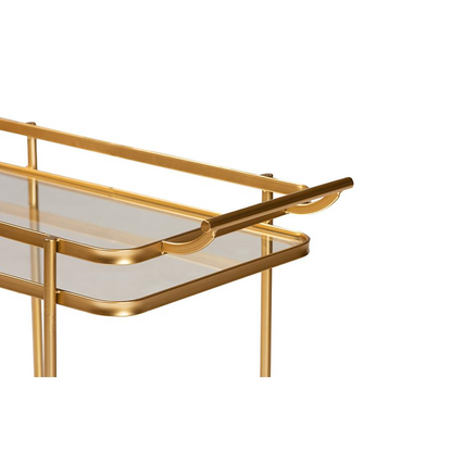Destin Modern and Contemporary Glam Brushed Gold Finished Metal and Mirrored Glass 2-Tier Mobile Wine Bar Cart