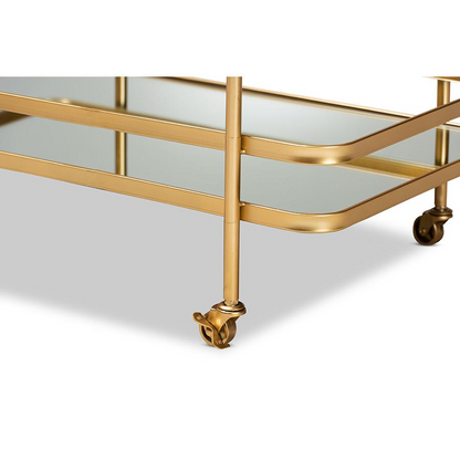 Destin Modern and Contemporary Glam Brushed Gold Finished Metal and Mirrored Glass 2-Tier Mobile Wine Bar Cart