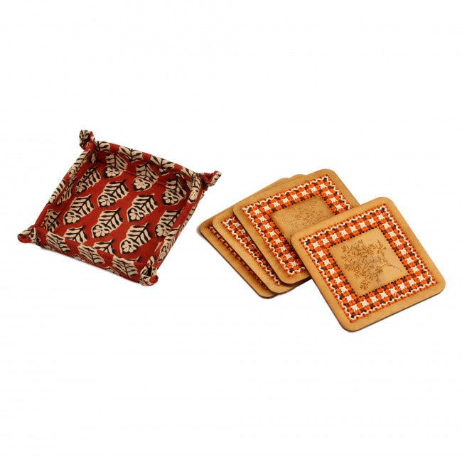 Hand Embroidered Tea Coaster 4 Pc Set (Brown)