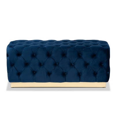 Navy Blue Velvet Fabric Upholstered and Gold PU Leather Ottoman
