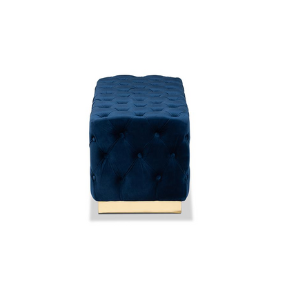 Navy Blue Velvet Fabric Upholstered and Gold PU Leather Ottoman