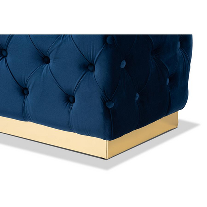 Navy Blue Velvet Fabric Upholstered and Gold PU Leather Ottoman