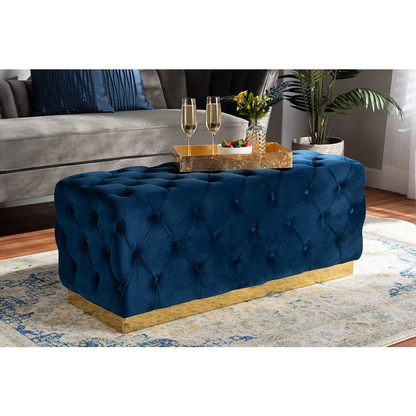 Navy Blue Velvet Fabric Upholstered and Gold PU Leather Ottoman