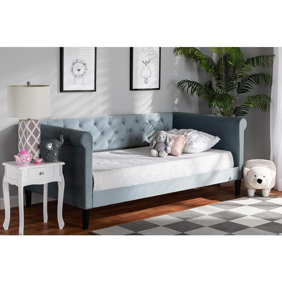 Baxton Studio Cora Modern and Contemporary Light Blue Velvet Fabric Upholstered and Dark Brown Finished Wood Full Size Daybed