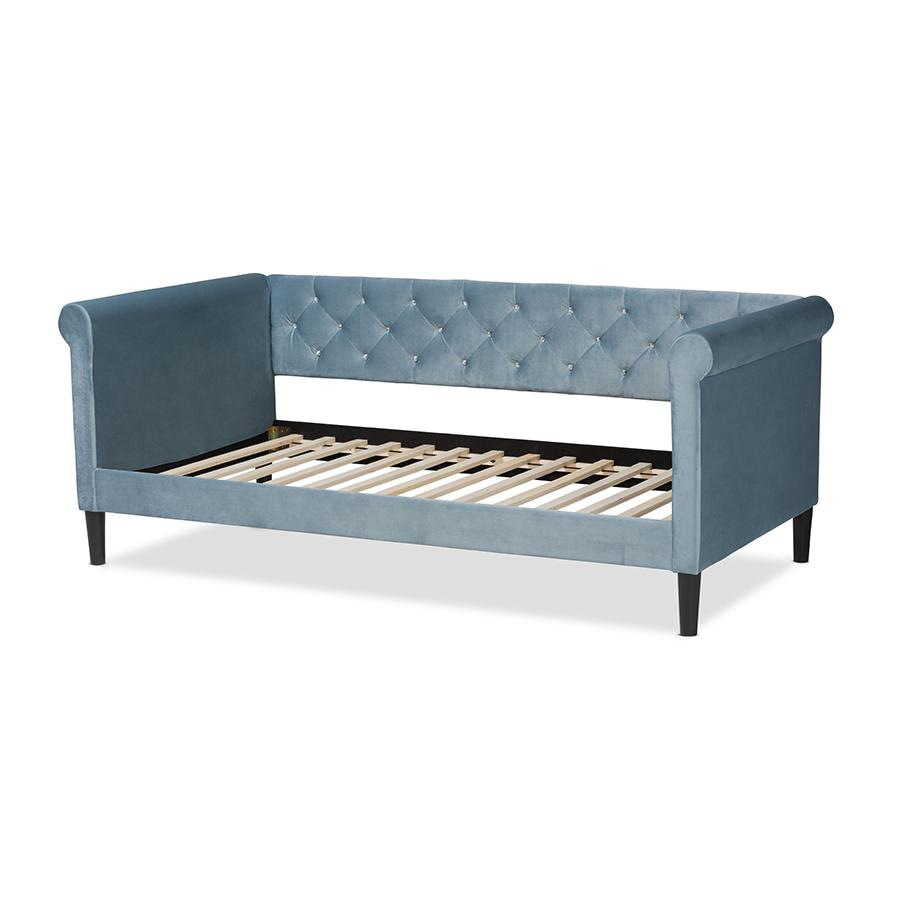 Baxton Studio Cora Modern and Contemporary Light Blue Velvet Fabric Upholstered and Dark Brown Finished Wood Full Size Daybed