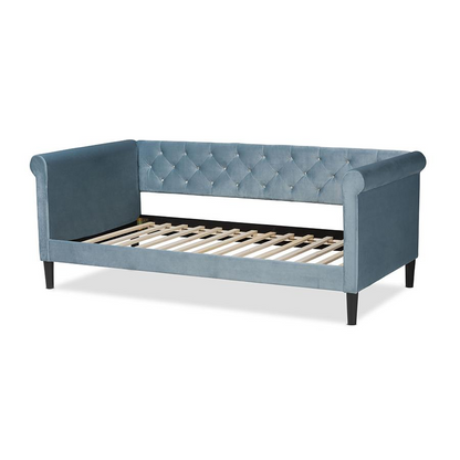 Baxton Studio Cora Modern and Contemporary Light Blue Velvet Fabric Upholstered and Dark Brown Finished Wood Full Size Daybed