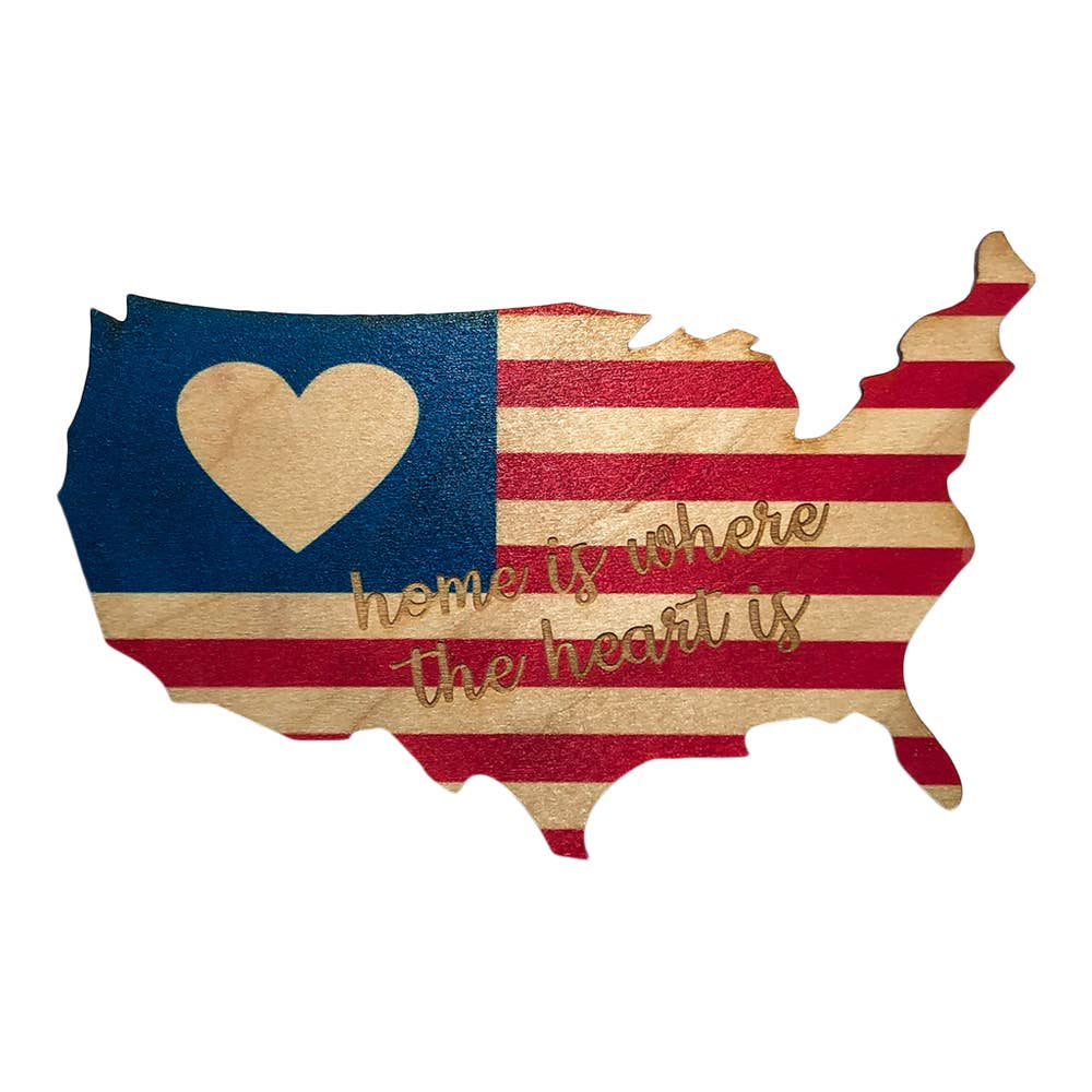 Heart/Flag U.S. Engraved Birch Wood Magnet