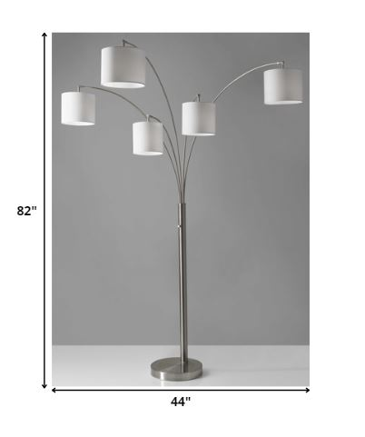 Five Light Floor Lamp Brushed Steel Arc Arms And Petite White Drum Shades
