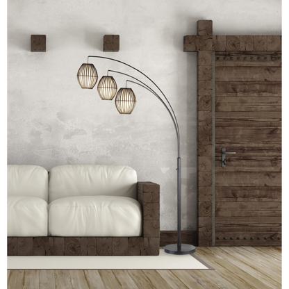 Three Light Arc Lamp In Bronze Metal With Brown Cane Barrel Shape Lanterns