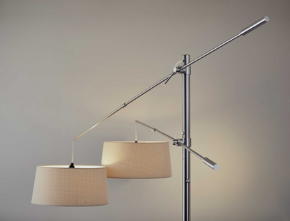 Two Light Adjustable Long Arm Floor Lamp In Brushed Steel