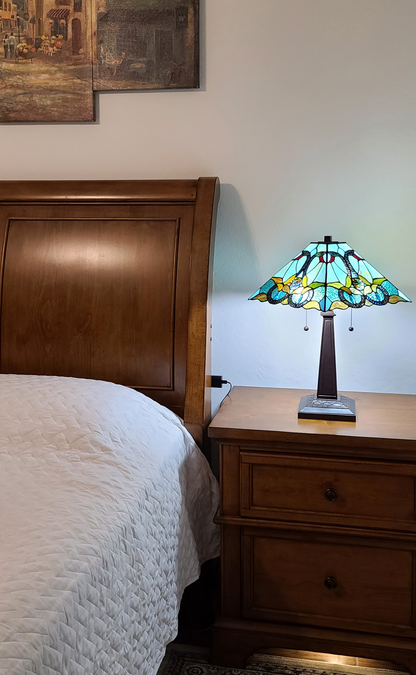 23" Aqua Blues and Amber Abstract Stained Glass Two Light Mission Style Table Lamp