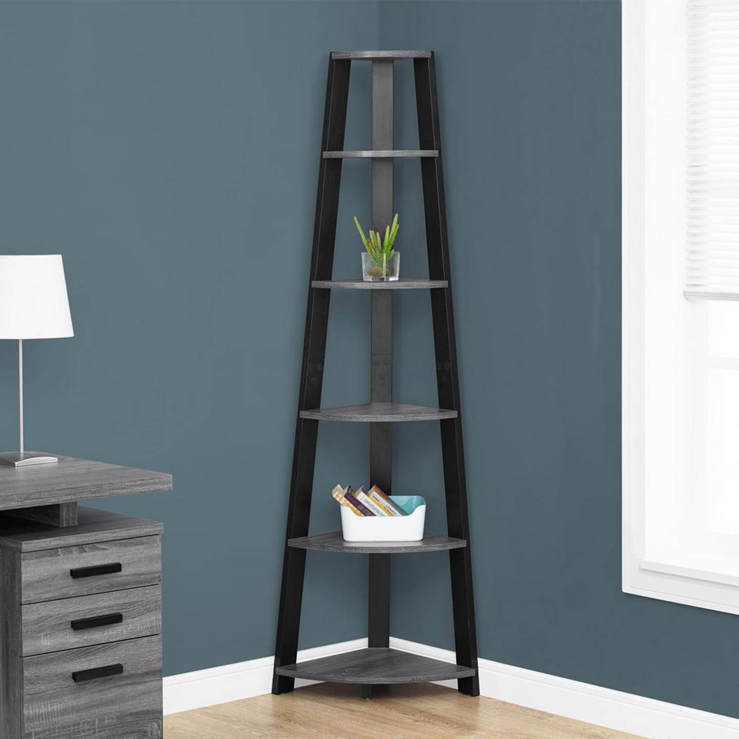 71" Chic Grey And Black 5 Shelf Corner Bookcase