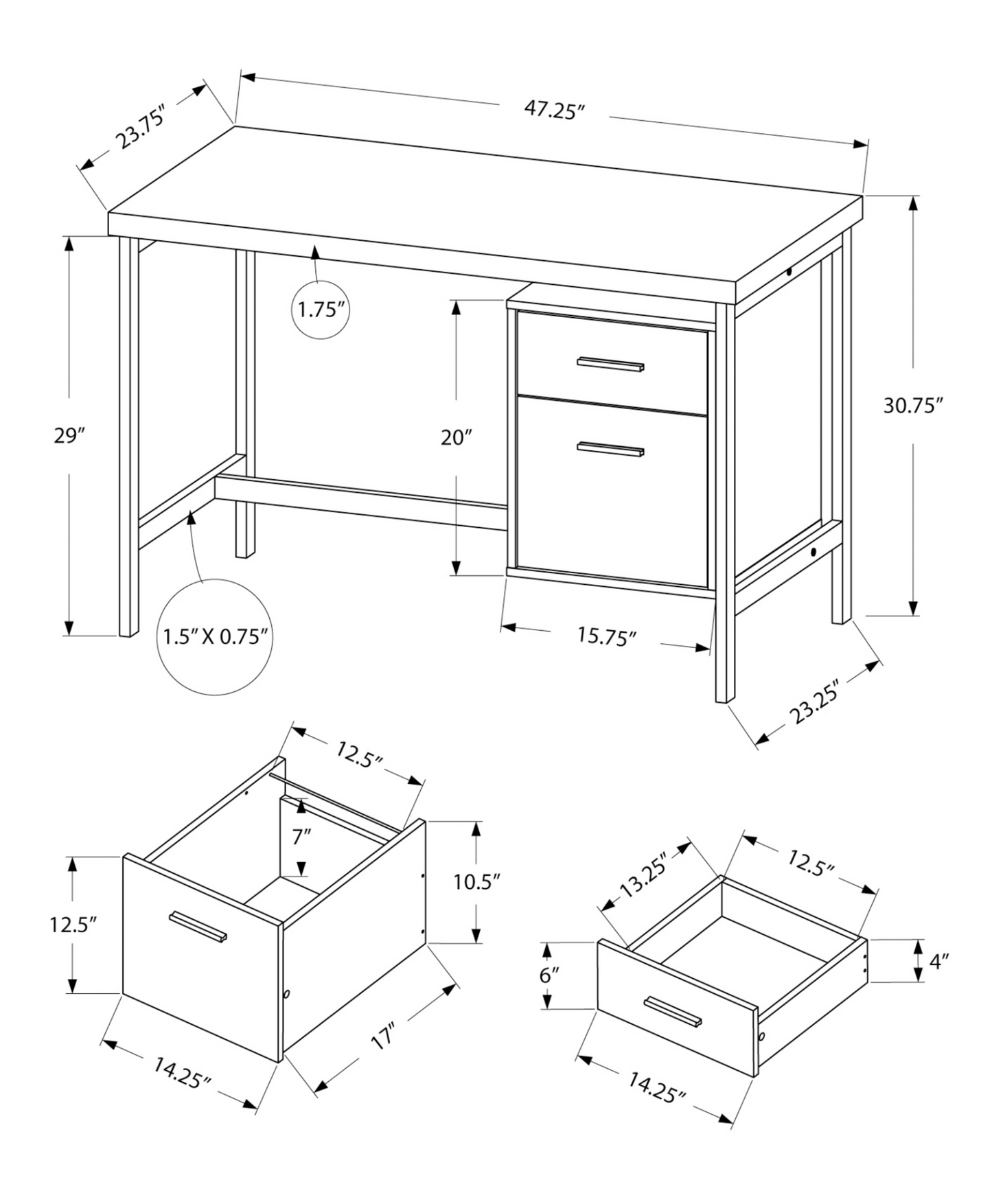 24" Grey Rectangular Computer Desk With Two Drawers