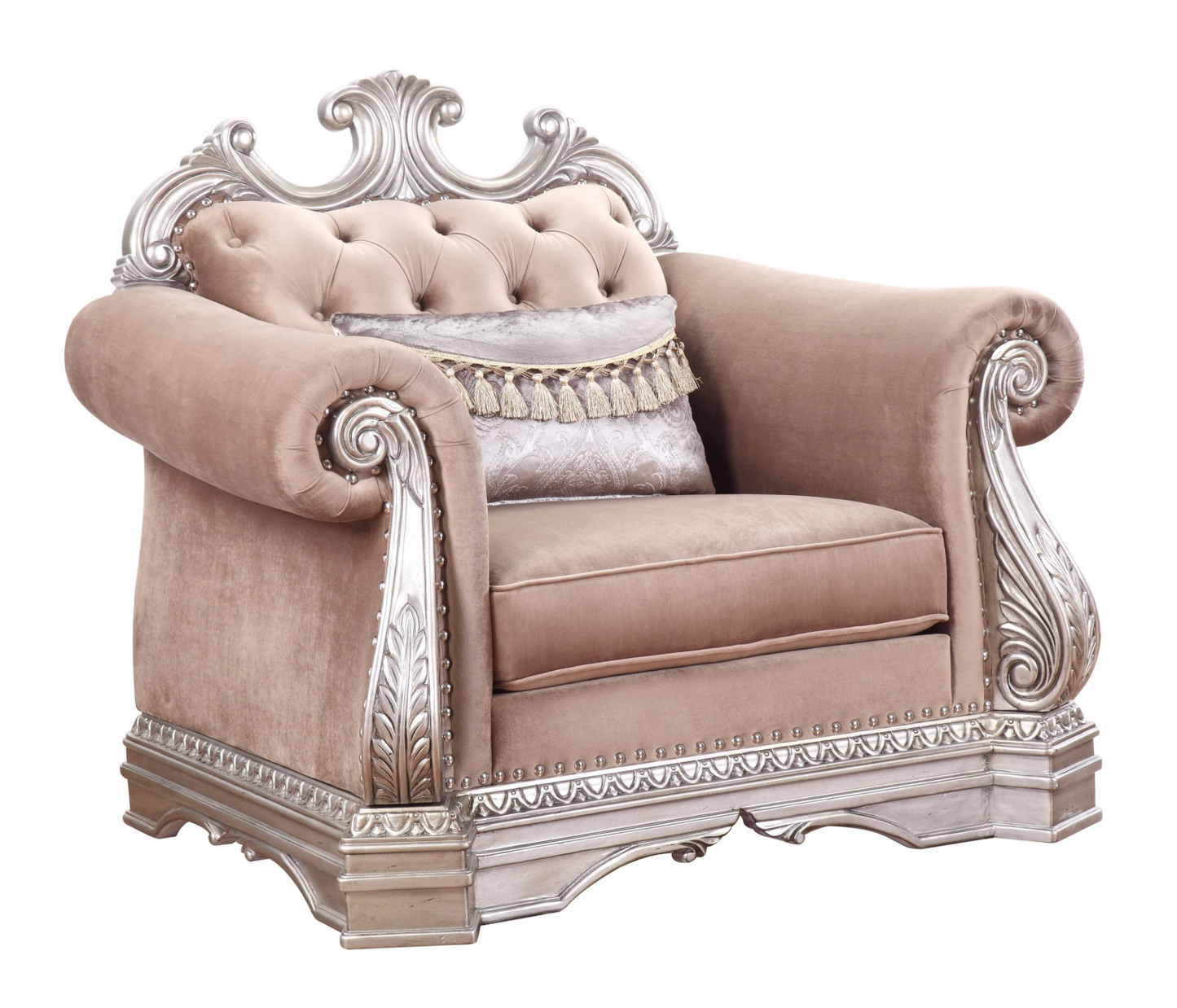 42" X 48" X 42" Velvet Antique Champagne Upholstery Poly-Resin Chair W1 Pillow