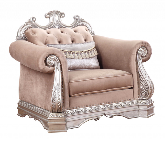 42" X 48" X 42" Velvet Antique Champagne Upholstery Poly-Resin Chair W1 Pillow