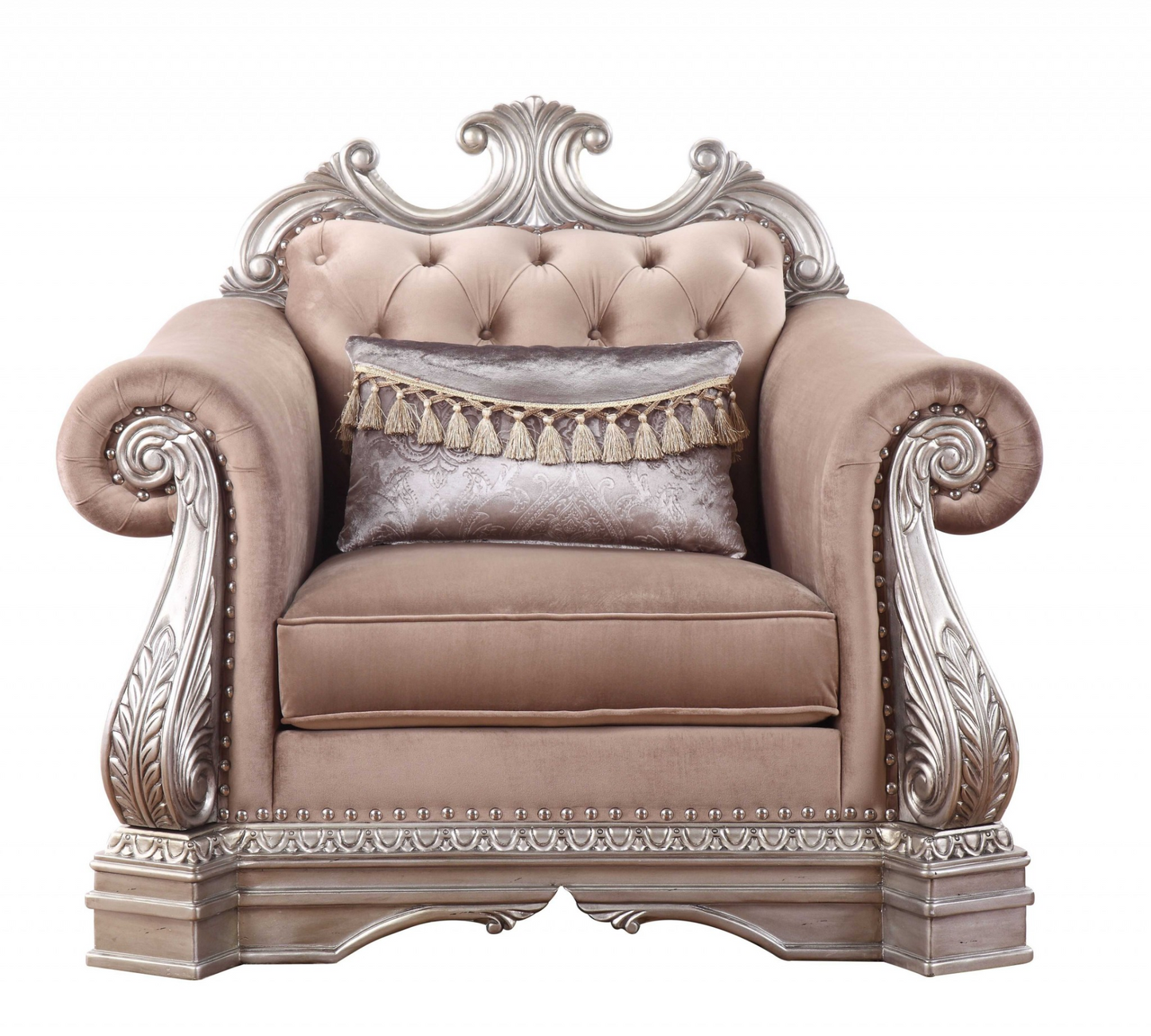 42" X 48" X 42" Velvet Antique Champagne Upholstery Poly-Resin Chair W1 Pillow