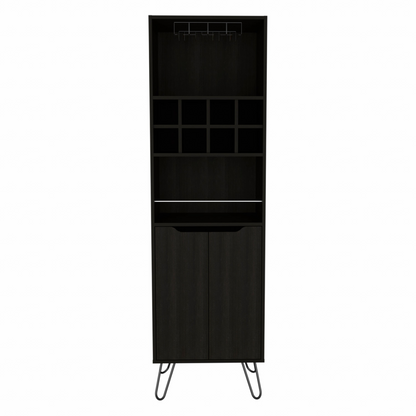 Black Tall Bar Cabinet with Two Door Panels and Top Wine Glass Rack