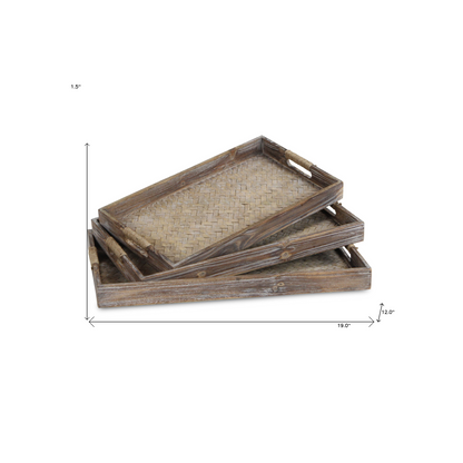 Set Of Three 19" Brown Rectangular Wood Handmade Trays With Handles