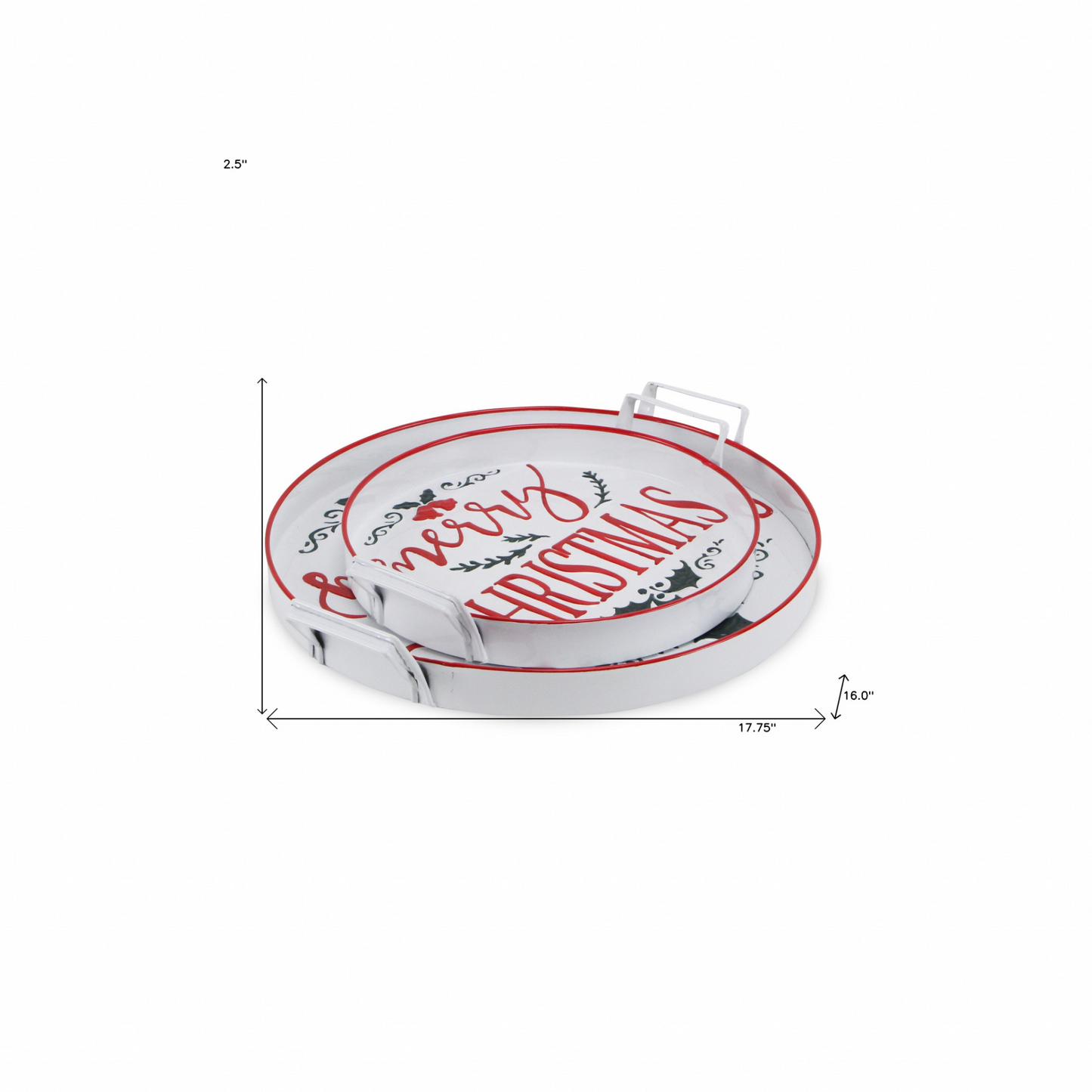 18" White Round Metal Christmas Handmade Tray With Handles