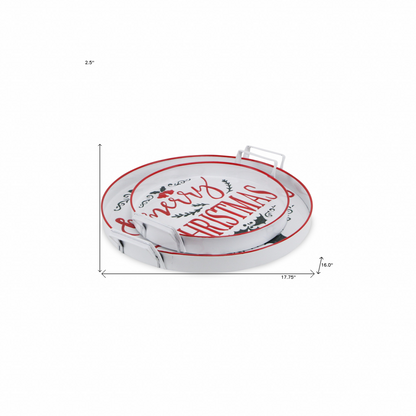 18" White Round Metal Christmas Handmade Tray With Handles