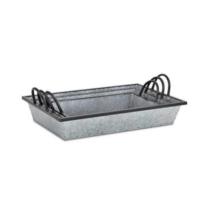Set Of Three 18" Gray and Black Metal Handmade Trays With Handles