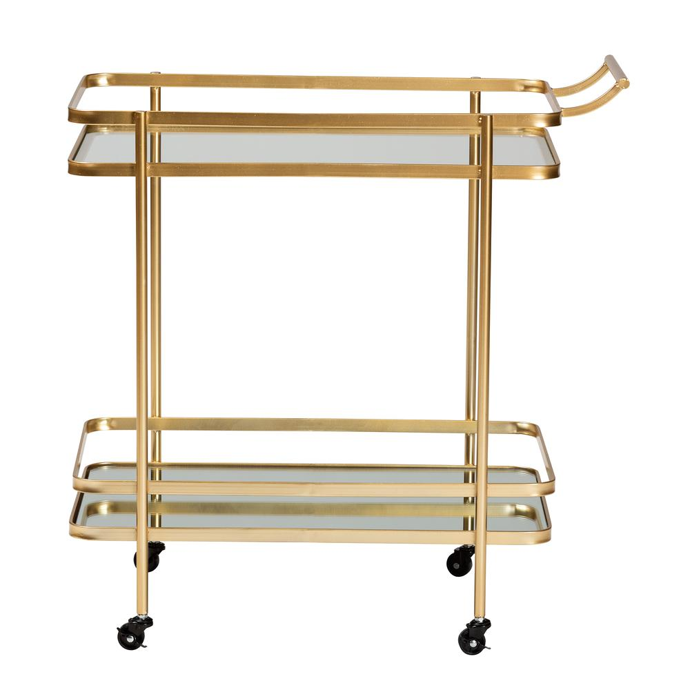 Destin Modern and Contemporary Glam Brushed Gold Finished Metal and Mirrored Glass 2-Tier Mobile Wine Bar Cart