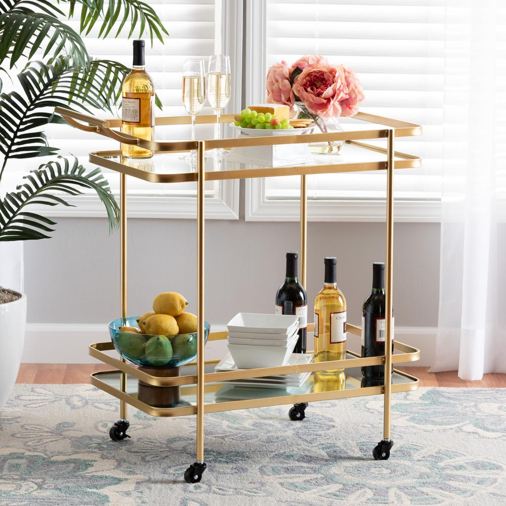 Destin Modern and Contemporary Glam Brushed Gold Finished Metal and Mirrored Glass 2-Tier Mobile Wine Bar Cart