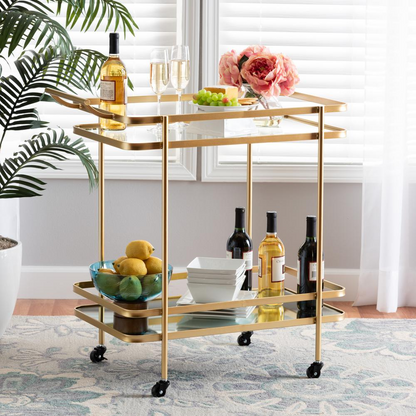 Destin Modern and Contemporary Glam Brushed Gold Finished Metal and Mirrored Glass 2-Tier Mobile Wine Bar Cart
